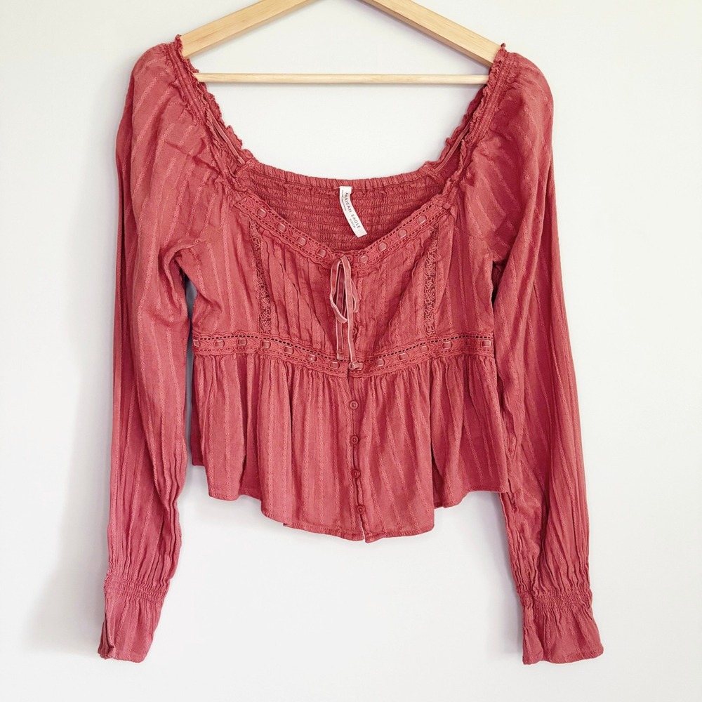 American Eagle Boho Peasant Top Lace Trim Size Small Terracotta Rose Smocked